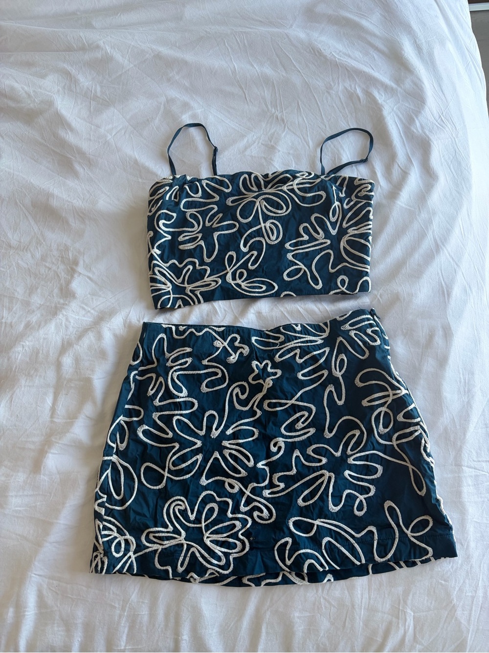 Dynamite Navy Blue Two-Piece Floral Embroidered Mini Set